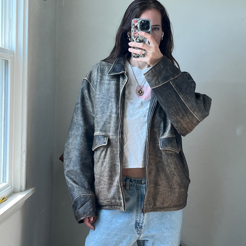 Vintage 90s J.Crew Leather Bomber Jacket XL Brown Distressed Oarsman Biker Coat